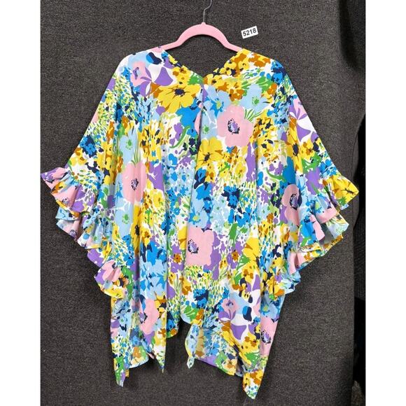 Umgee Colorful Floral Open Front Kimono Top Womens 1XL/2XL Blue Yellow Pink NEW - Picture 2 of 7